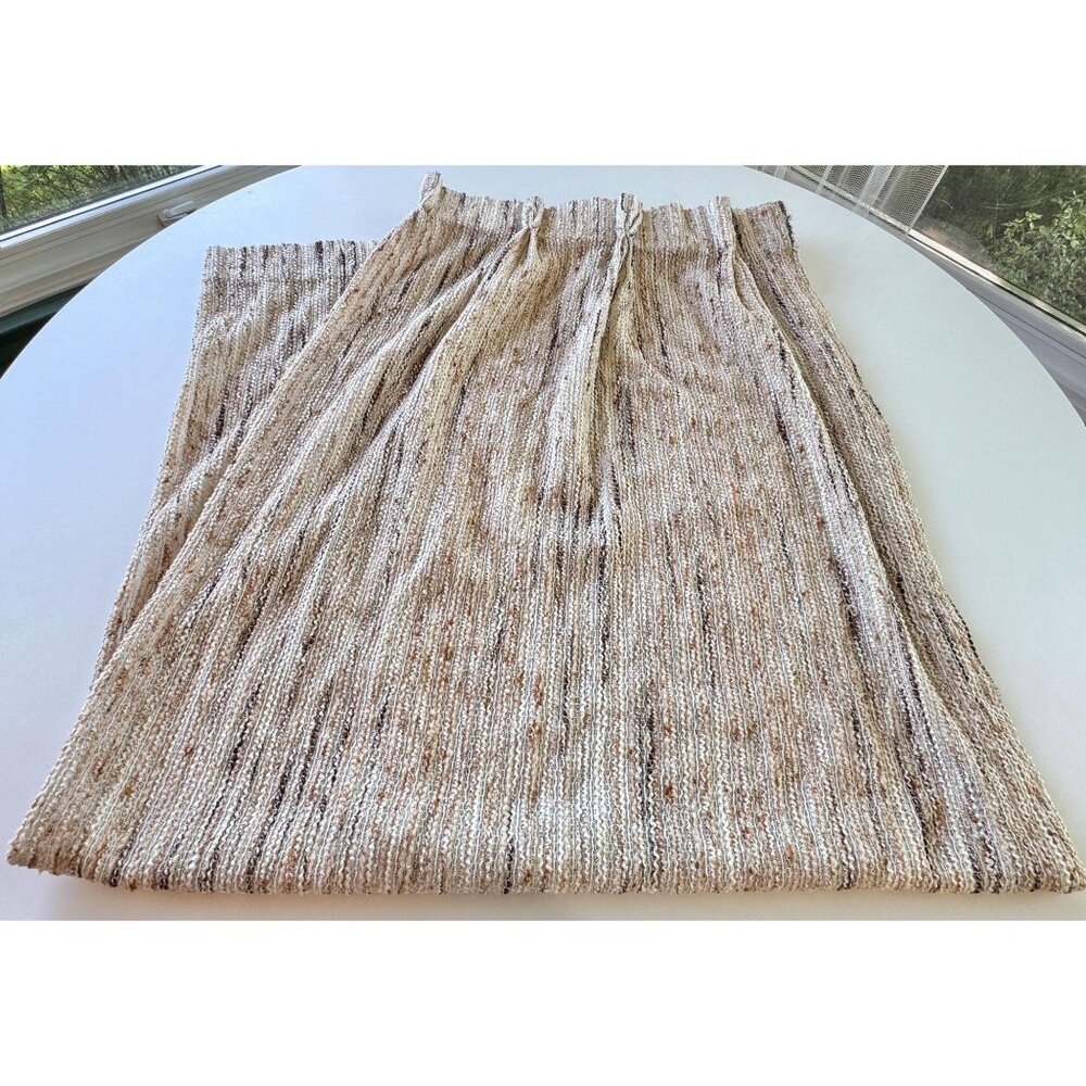 Vintage 70s pleated curtain, tan, brown rust vertical stripes, thick woven